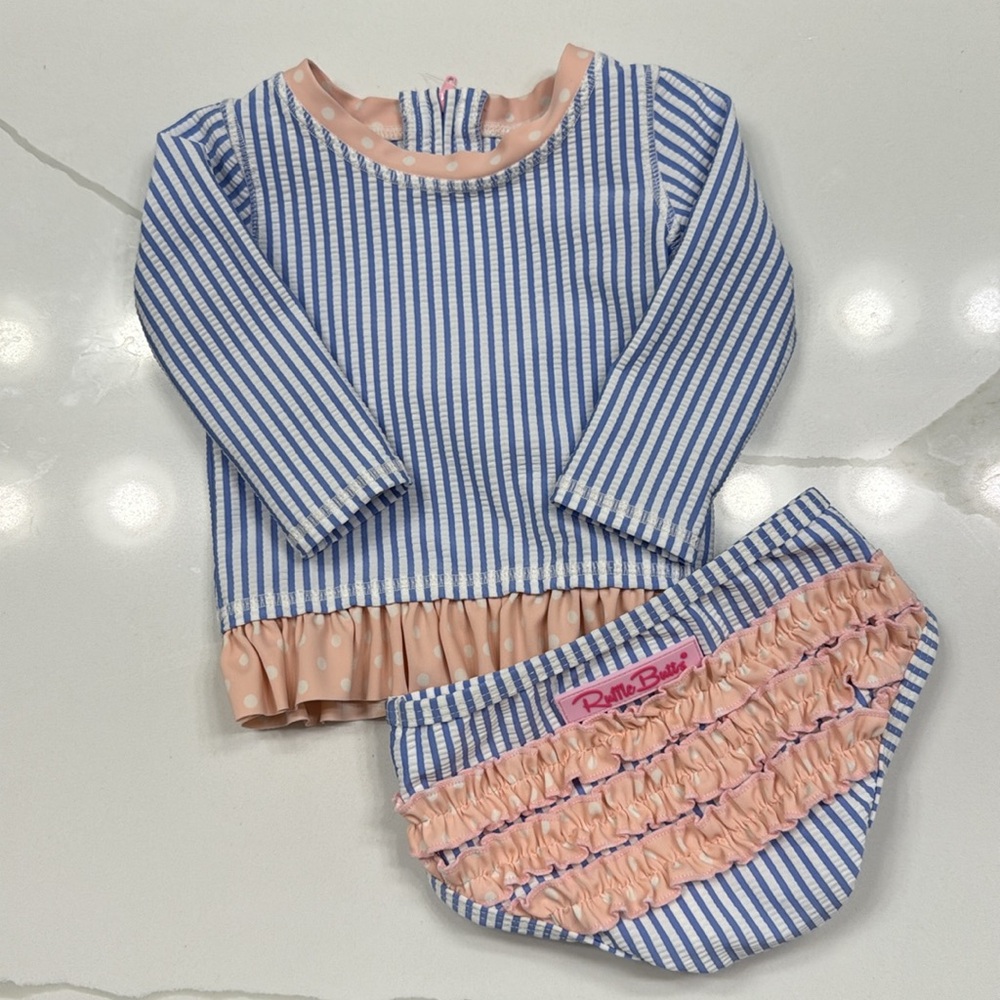 Ruffle Butts Blue and White Striped Kids Swim Rashguard